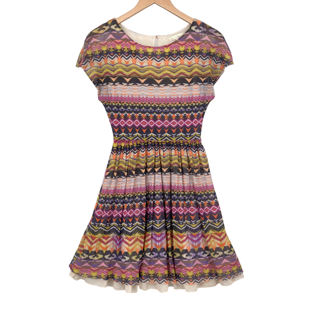 WESTON WEAR Fit & Flare Dress Womens Small Multi Geo Print Knit Lined Cap Sleeve